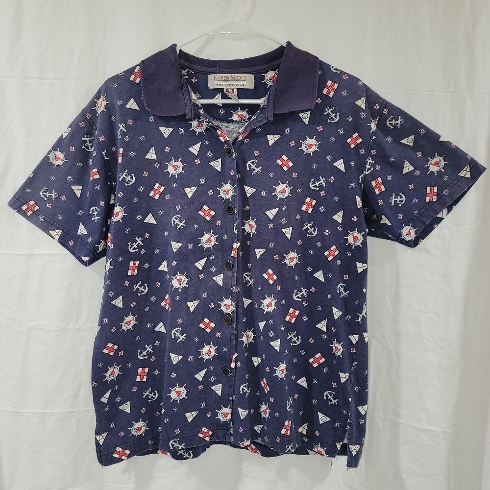 Karen Scott size medium blue short sleeve button up collared nautical theme top
